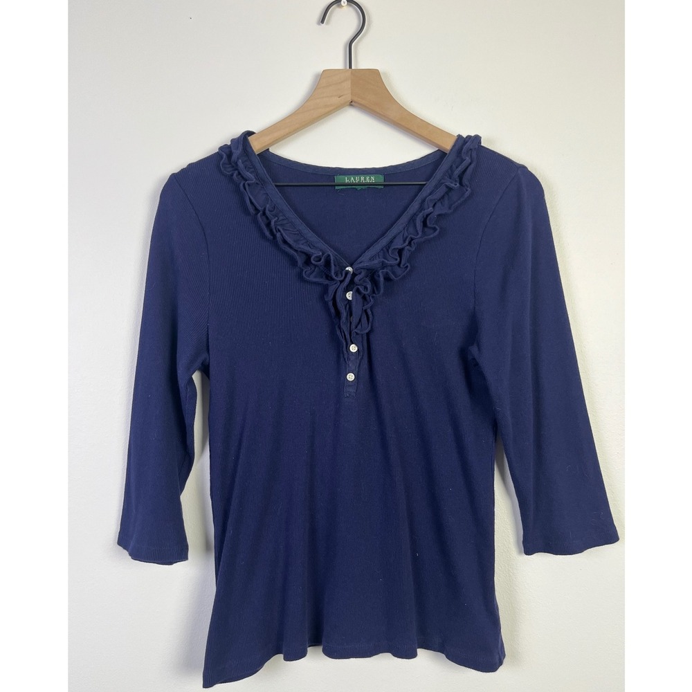 Lauren‎ Ralph Lauren Preppy Navy Blue Ruffle Top V Neck 3/4 Sleeve S/P